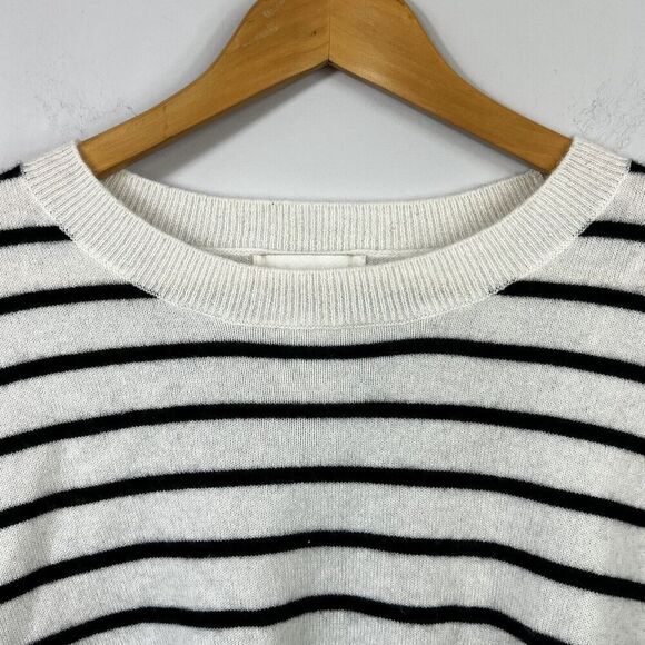 Cynthia Rowley Cream Black Striped 100% 2-Ply Cashmere Crewneck Sweater Size L - Picture 2 of 11